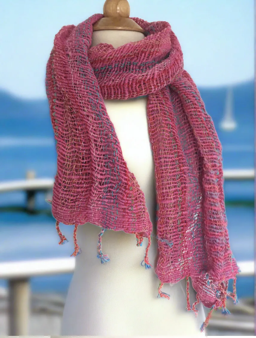 Handwoven Open Weave Cotton Scarf - Multicolor Pink-Turquoise