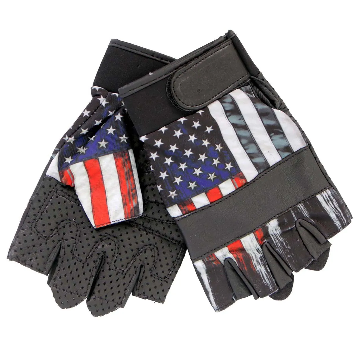 Hot Leathers GVM3008 Uni-Sex Black 'Heartbeat USA Flag' Fingerless