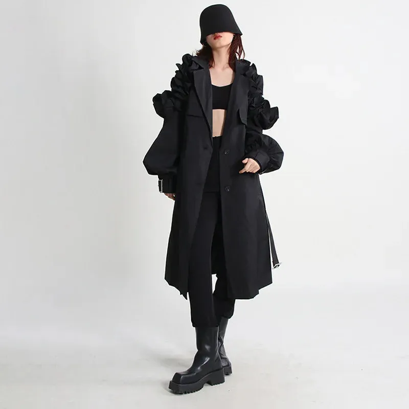 Jazz Up Ruffled Sleeve Black Trench Coat