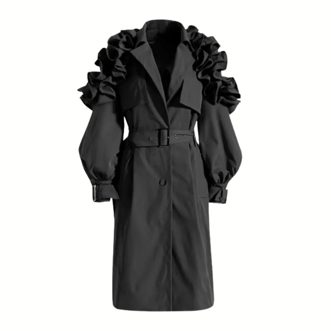 Jazz Up Ruffled Sleeve Black Trench Coat