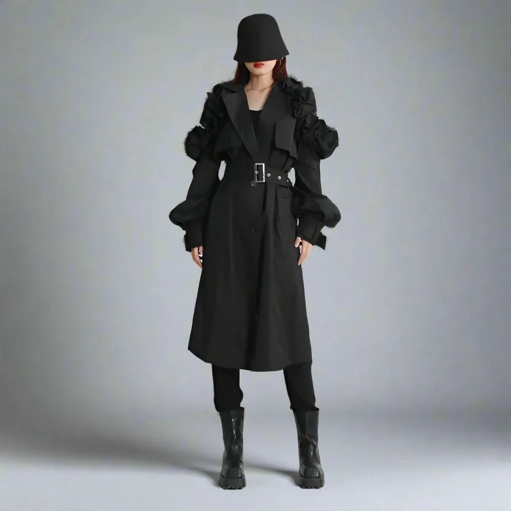 Jazz Up Ruffled Sleeve Black Trench Coat