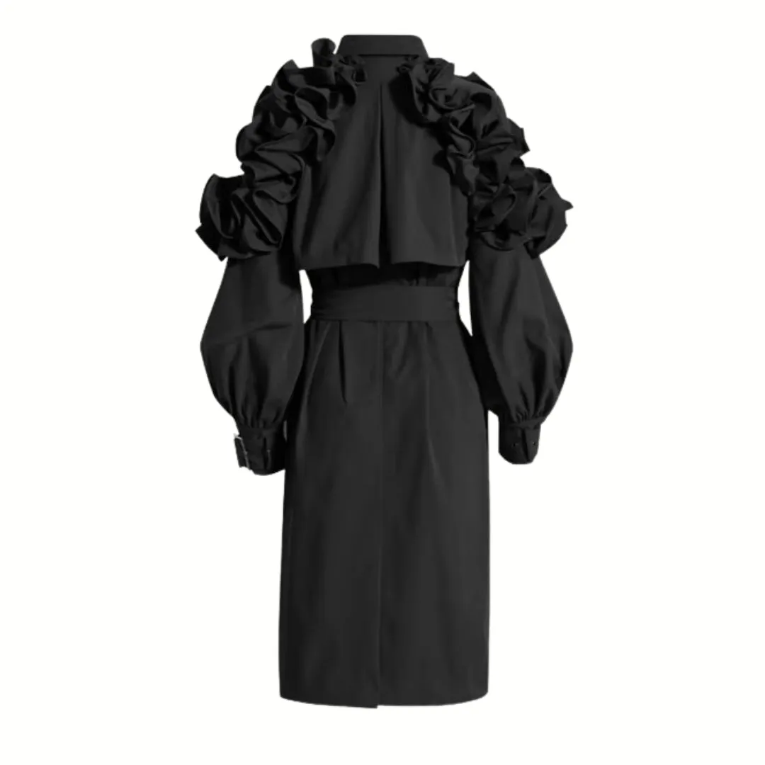 Jazz Up Ruffled Sleeve Black Trench Coat