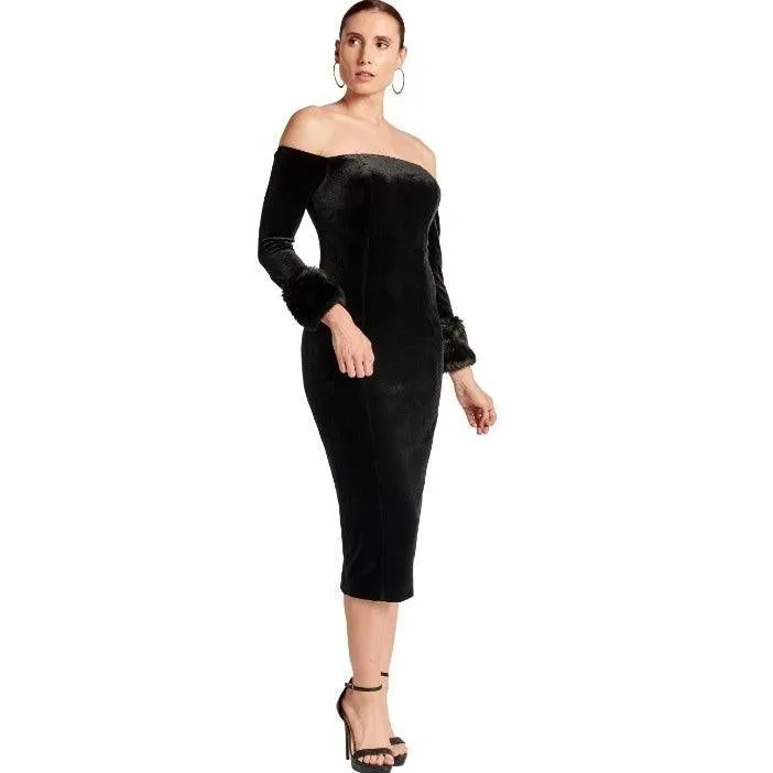 Joia Dress - Velvet off the shoulder long sleeve midi dress