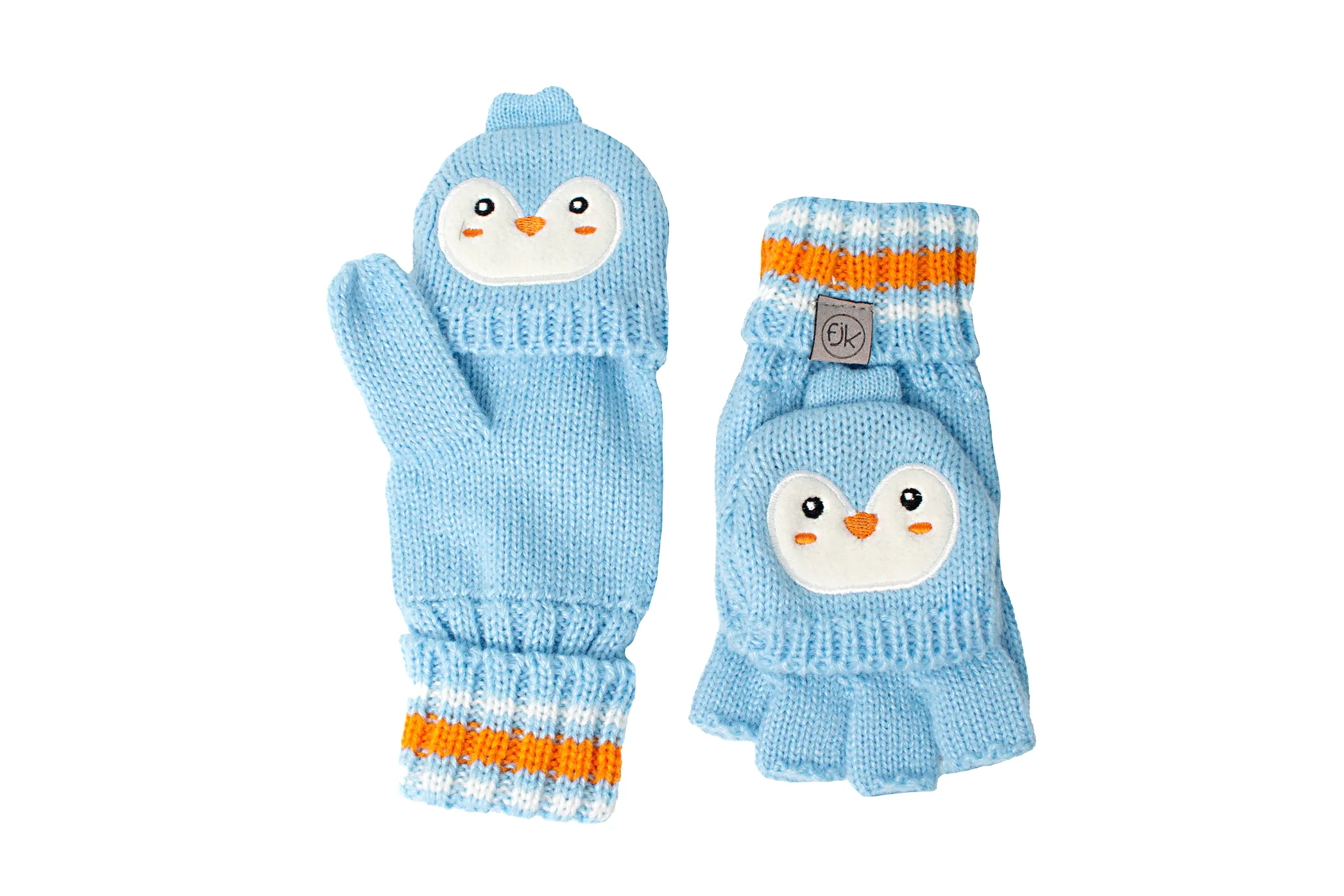 Kids Knitted Fingerless Gloves with Mitten Flaps - Penguin