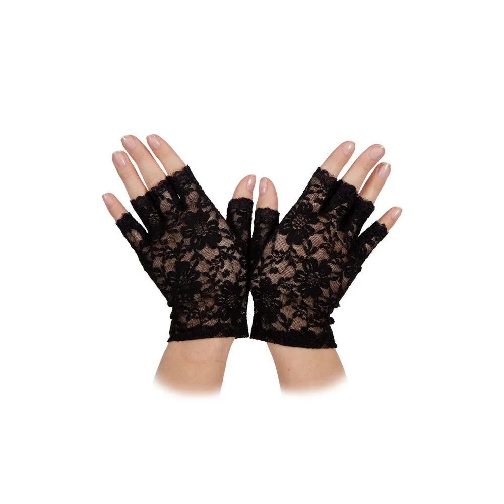 Ladies Short Lace Fingerless Gloves - Black