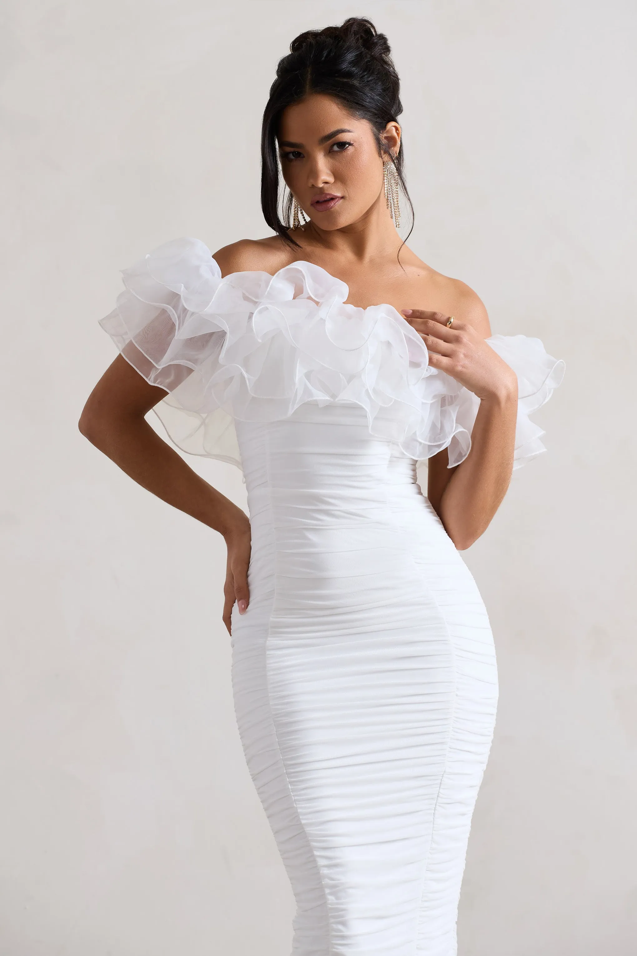 Ladylike | White Ruched Bardot Midi Dress With Organza Trim