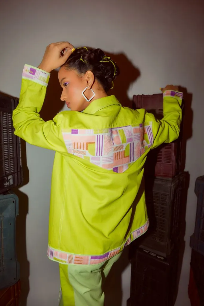 Lime Green Denim Jacket with Printed Back-Yoke and Rivet Detailing