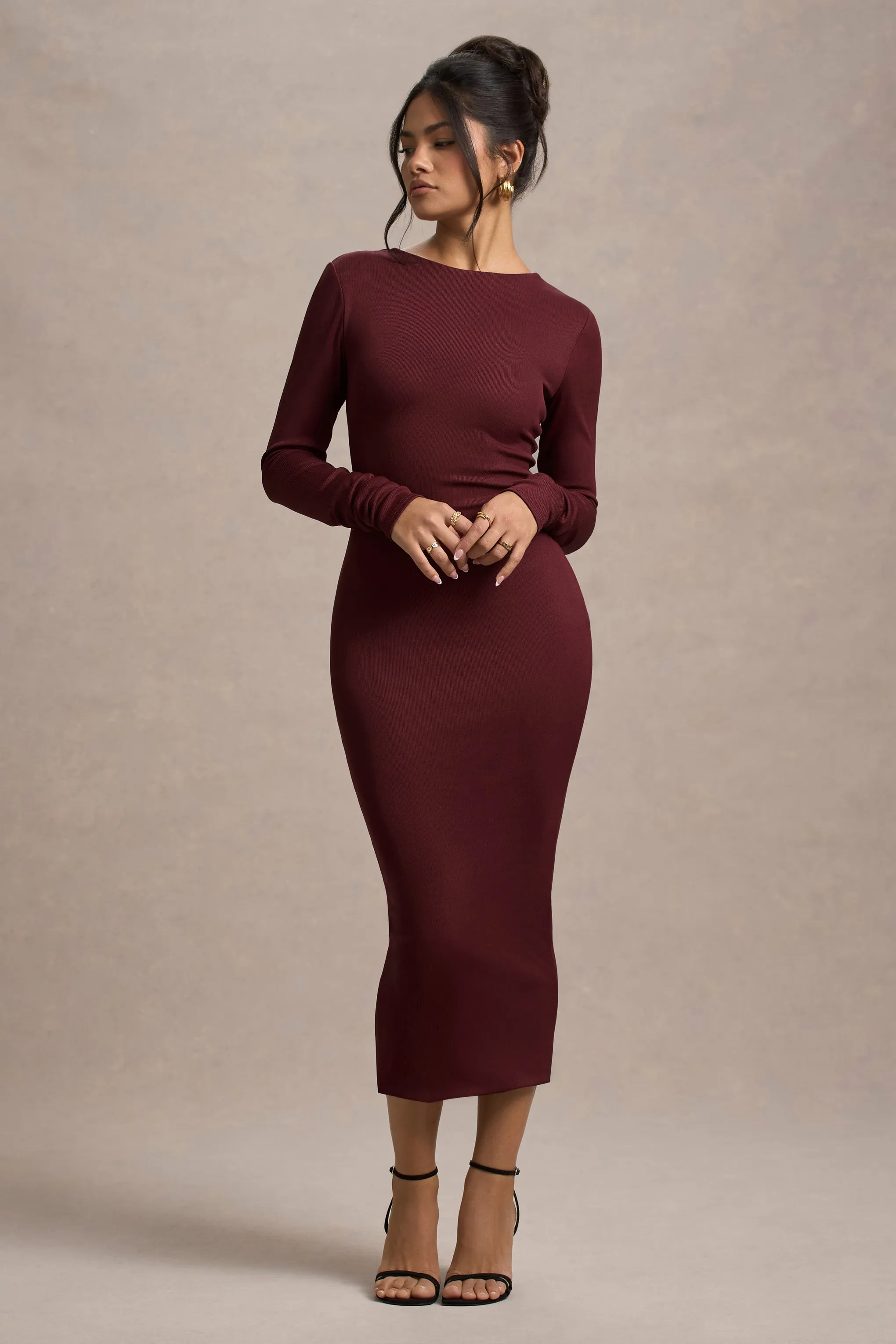 Madden | Plum Rib Knit Cowl-Back Midi Dress