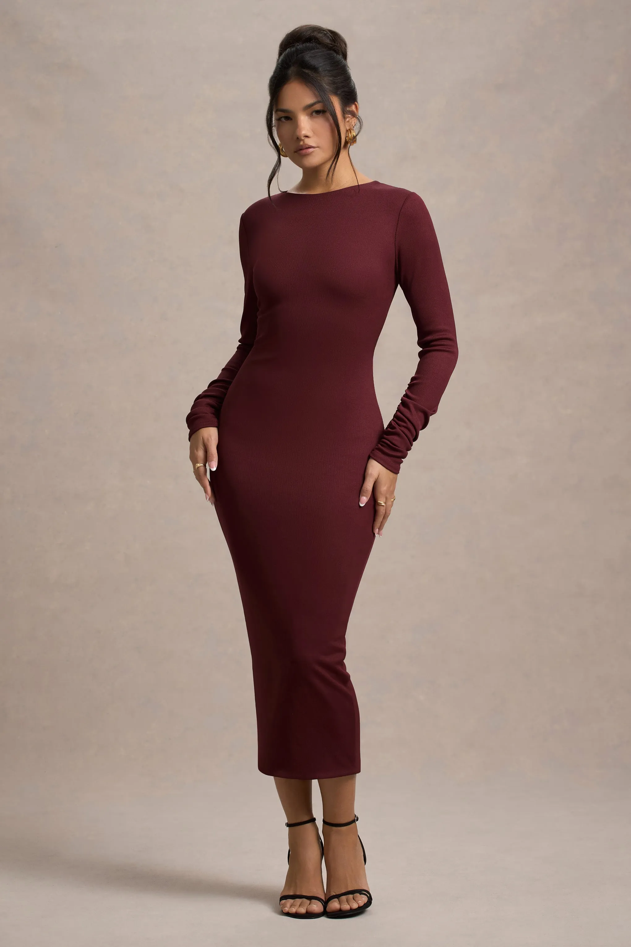 Madden | Plum Rib Knit Cowl-Back Midi Dress