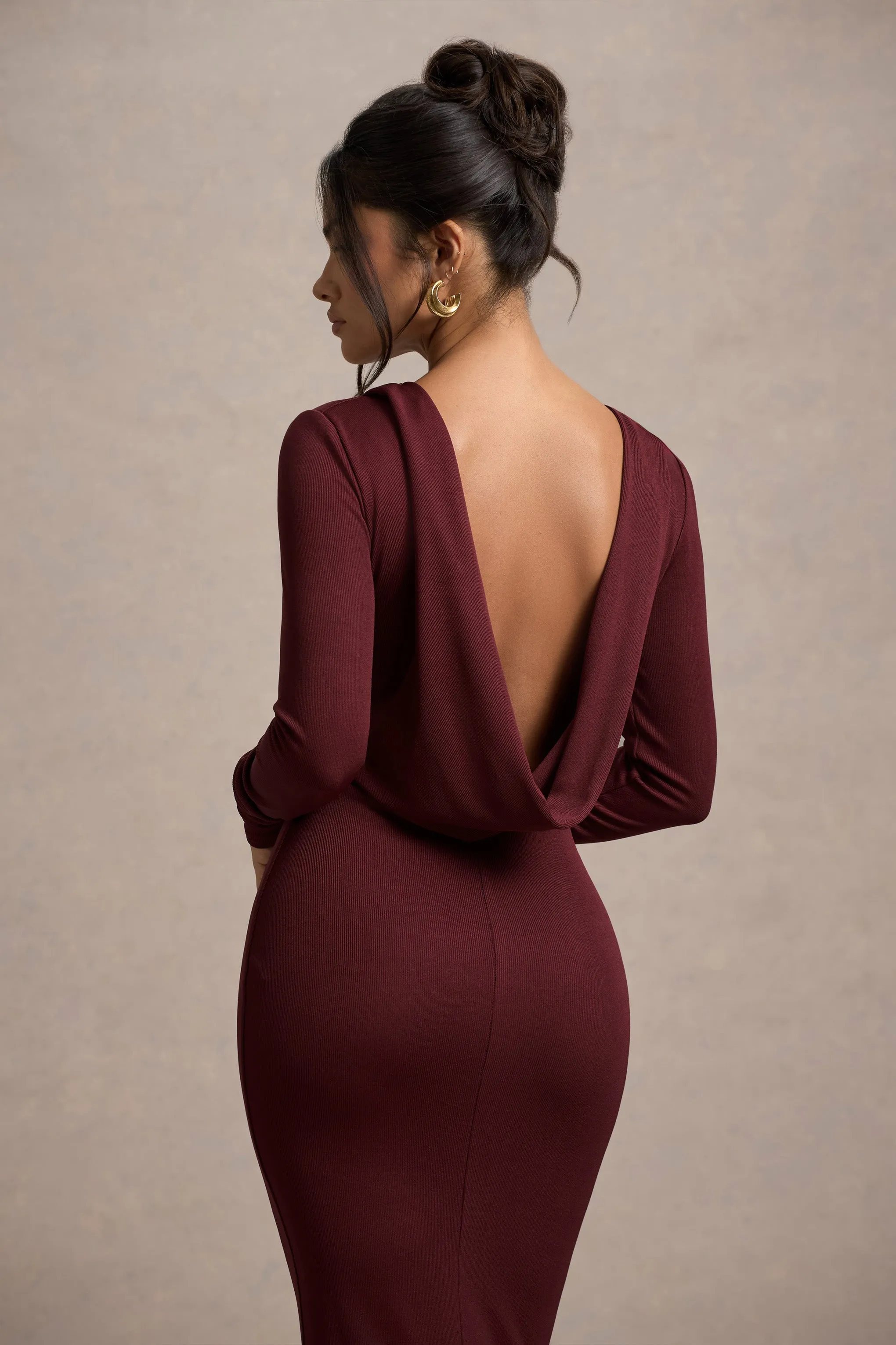 Madden | Plum Rib Knit Cowl-Back Midi Dress