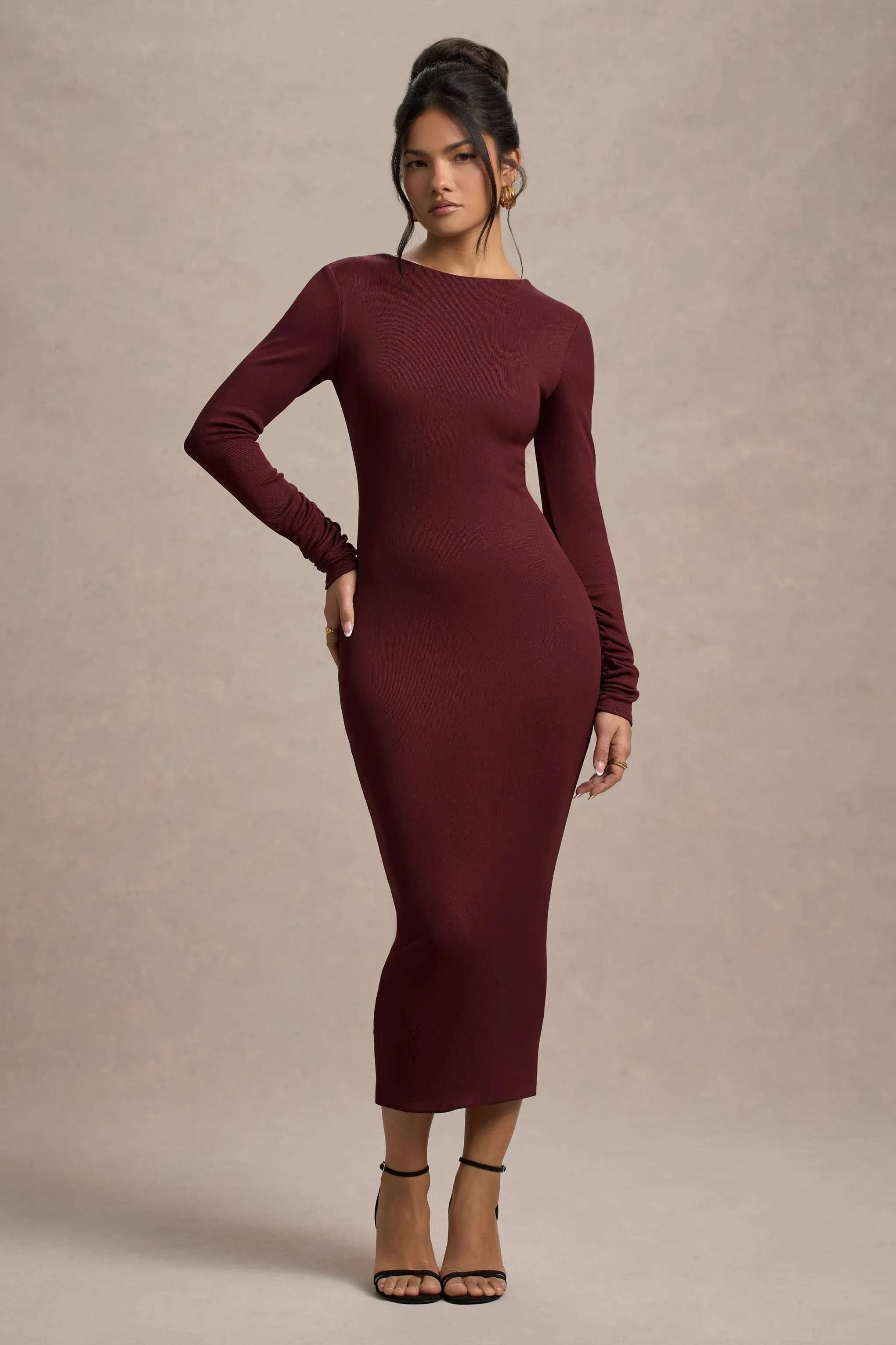 Madden | Plum Rib Knit Cowl-Back Midi Dress