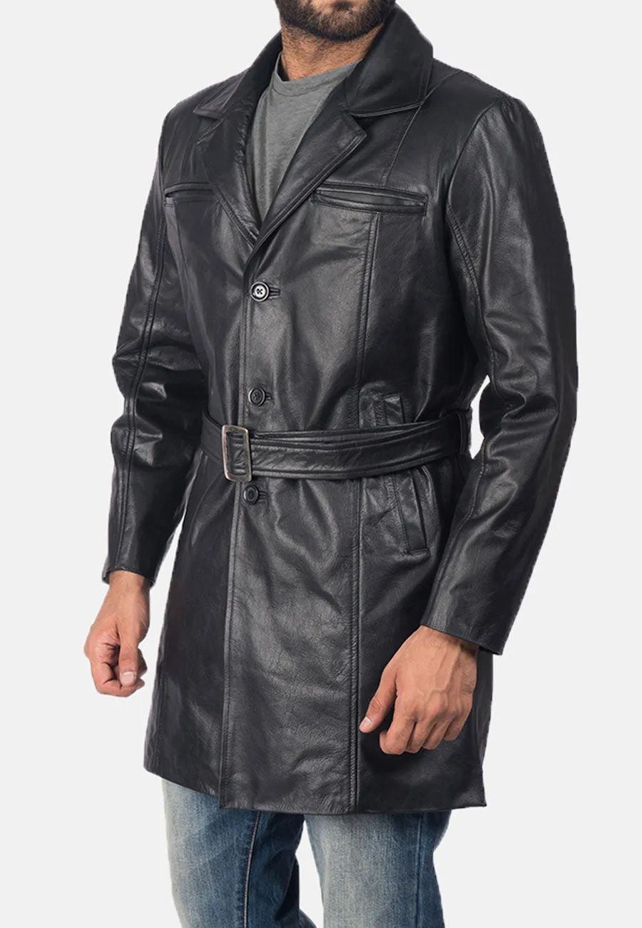 Men’s Black Leather Trench Coat Belt