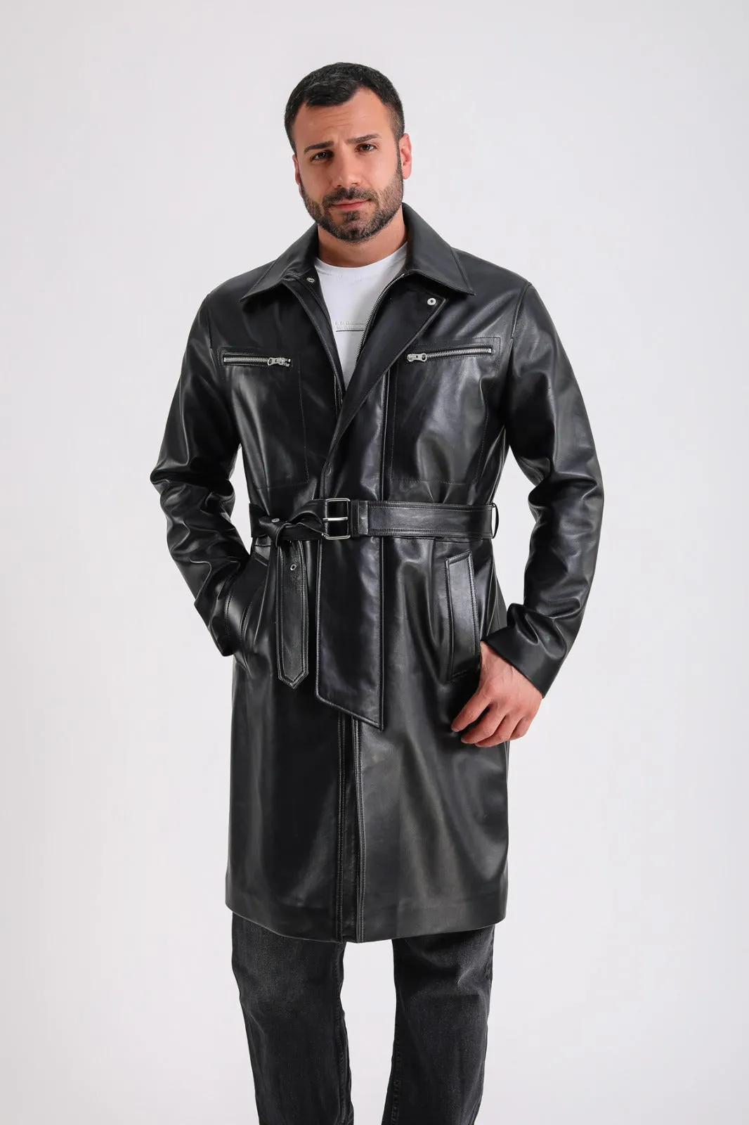 Men's Leather Trench Coat, Black