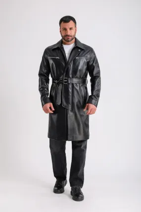 Men's Leather Trench Coat, Black