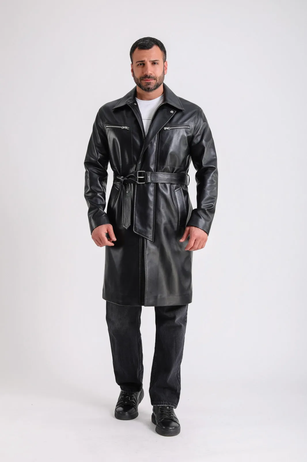 Men's Leather Trench Coat, Black