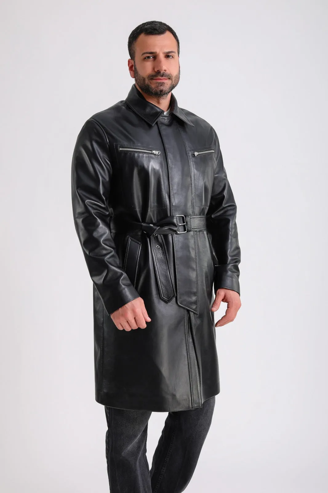 Men's Leather Trench Coat, Black