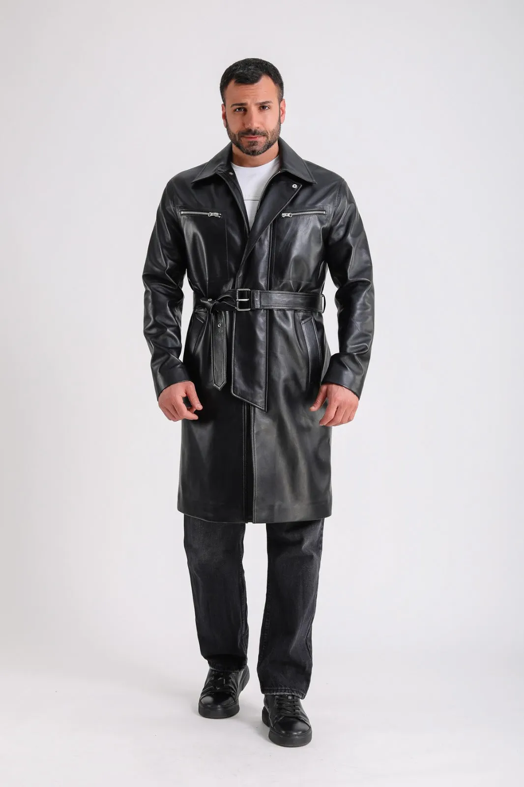 Men's Leather Trench Coat, Black