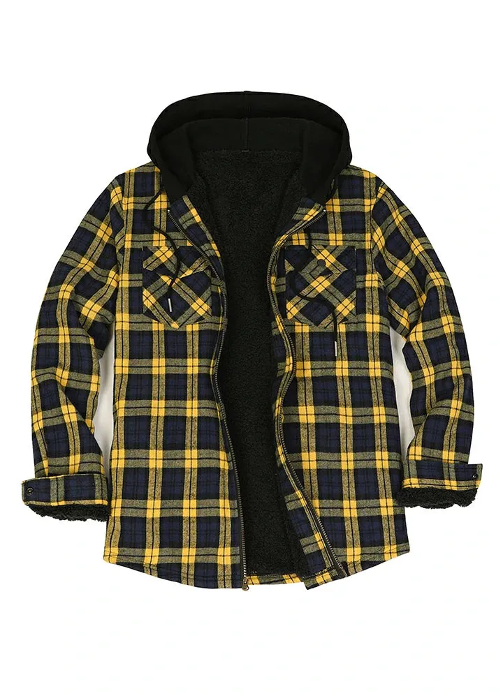 Men's Sherpa Lined Flannel Shirt Jacket with Hood,Plaid Shirt-Jac