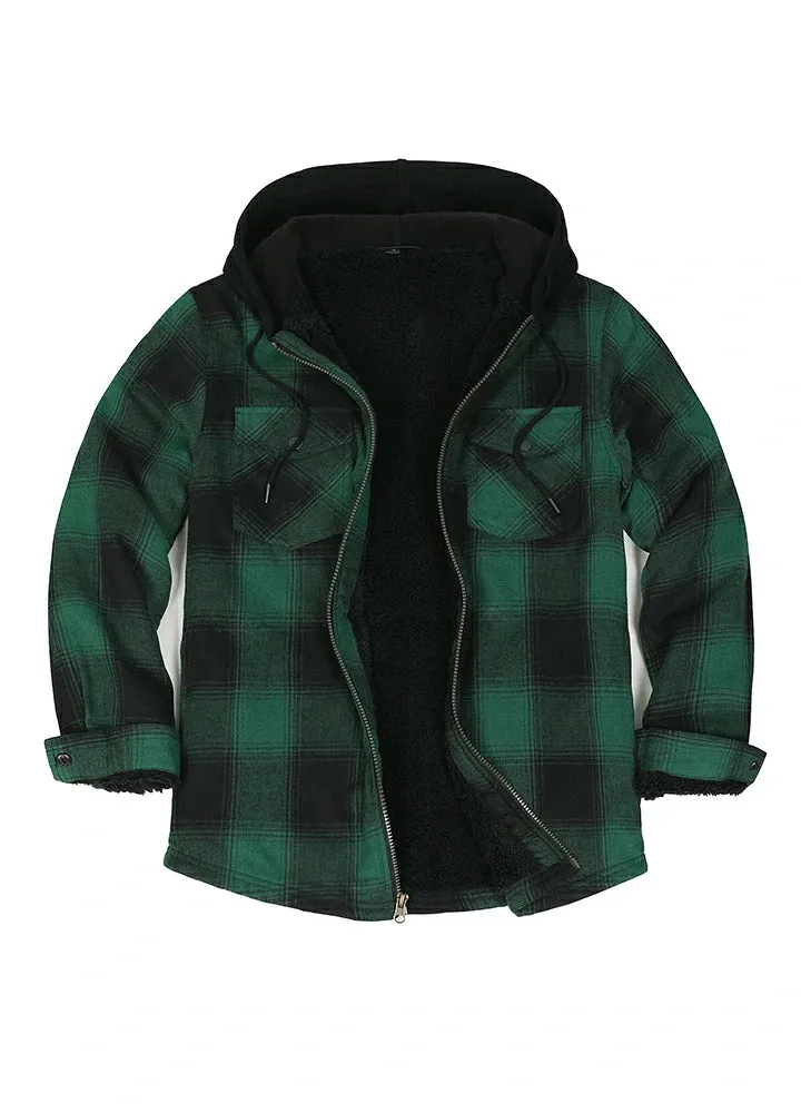 Men's Sherpa Lined Flannel Shirt Jacket with Hood,Plaid Shirt-Jac