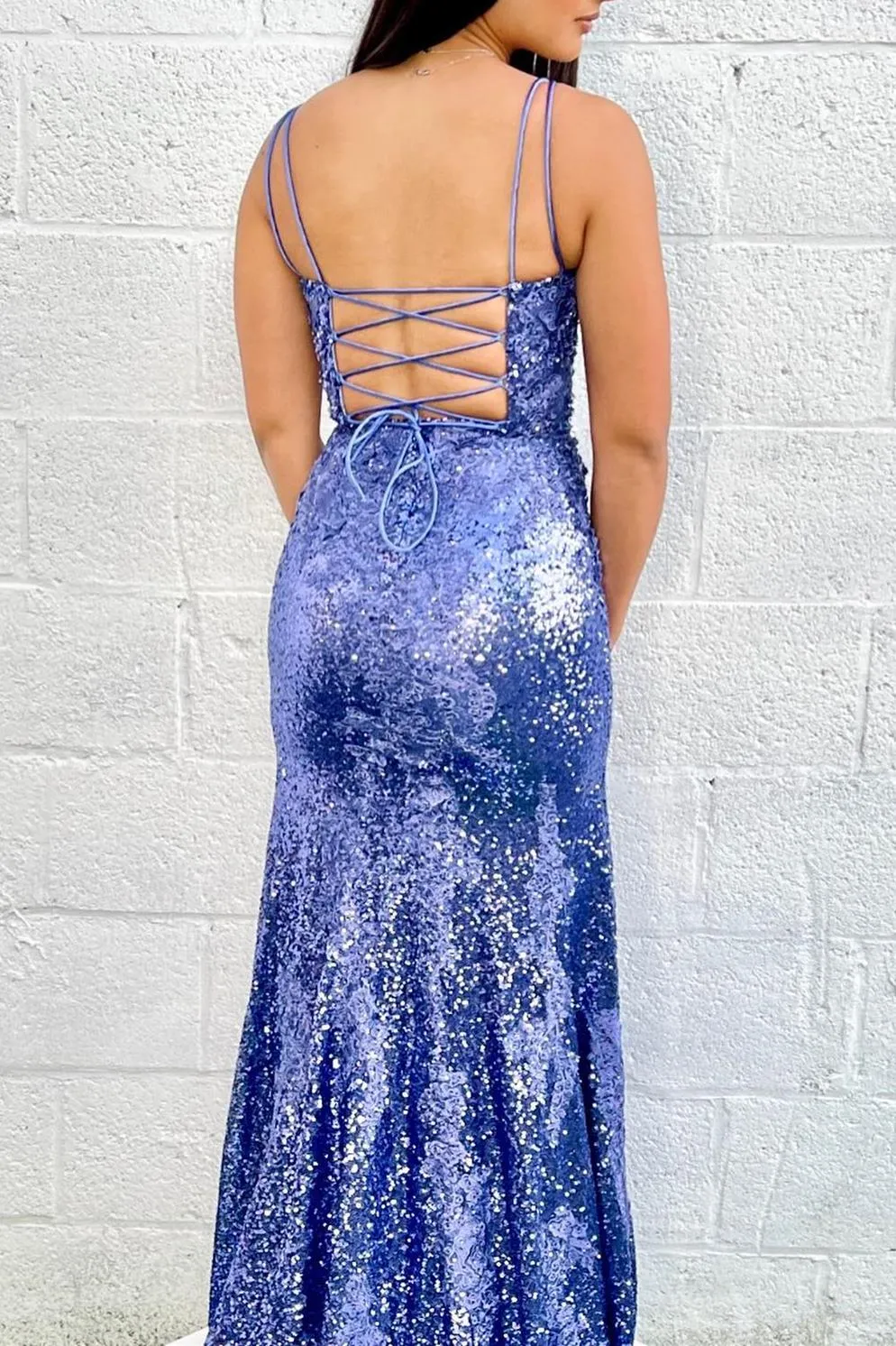 Mermaid Purple Sequins Long Prom Dress with Slit,Navy Blue Evening Party Gowns