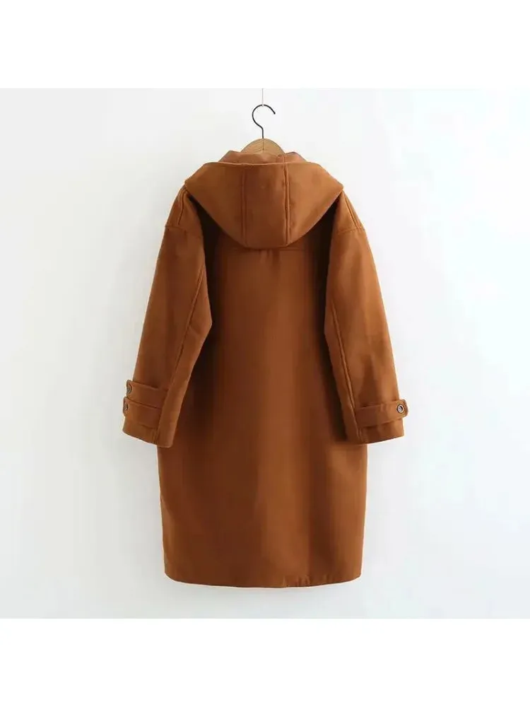 Metaversmall Solid Horn Button Long Straight Hooded Wool Coats Women Winter  Sleeve Korean Casual Ladies Warmness Vintage Outwear