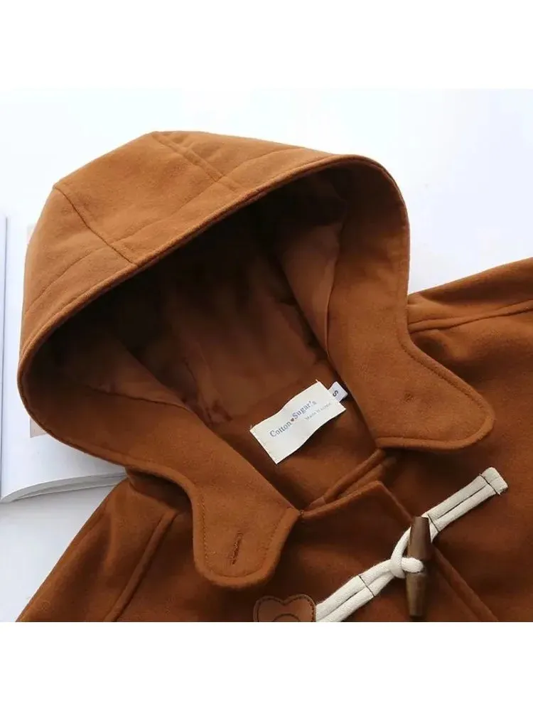 Metaversmall Solid Horn Button Long Straight Hooded Wool Coats Women Winter  Sleeve Korean Casual Ladies Warmness Vintage Outwear