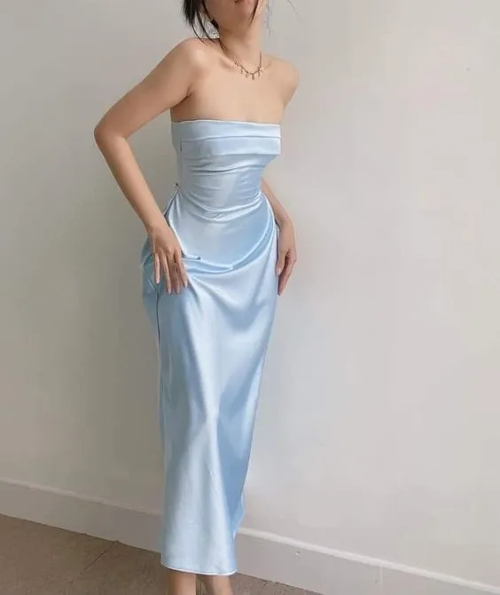 Modest Strapless Long Light Sky Blue Satin Prom Dress