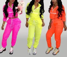 Neon 2 piece crop jacket pants track suit set