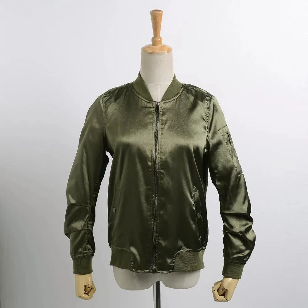 New Autumn 2016 Fashion Women Satin Bomber Jacket Ladies Casual Solid Long Sleeve Basic Coats Chaqueta Mujer Pink Army Green