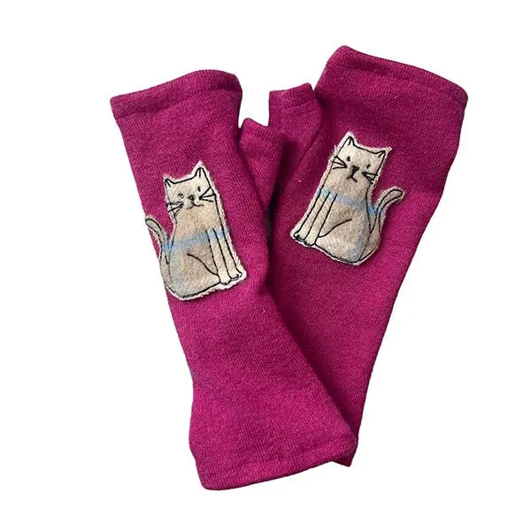 NEW! Cashmere Fingerless Gloves in Pink with Cat by Sardine Clothing Co.