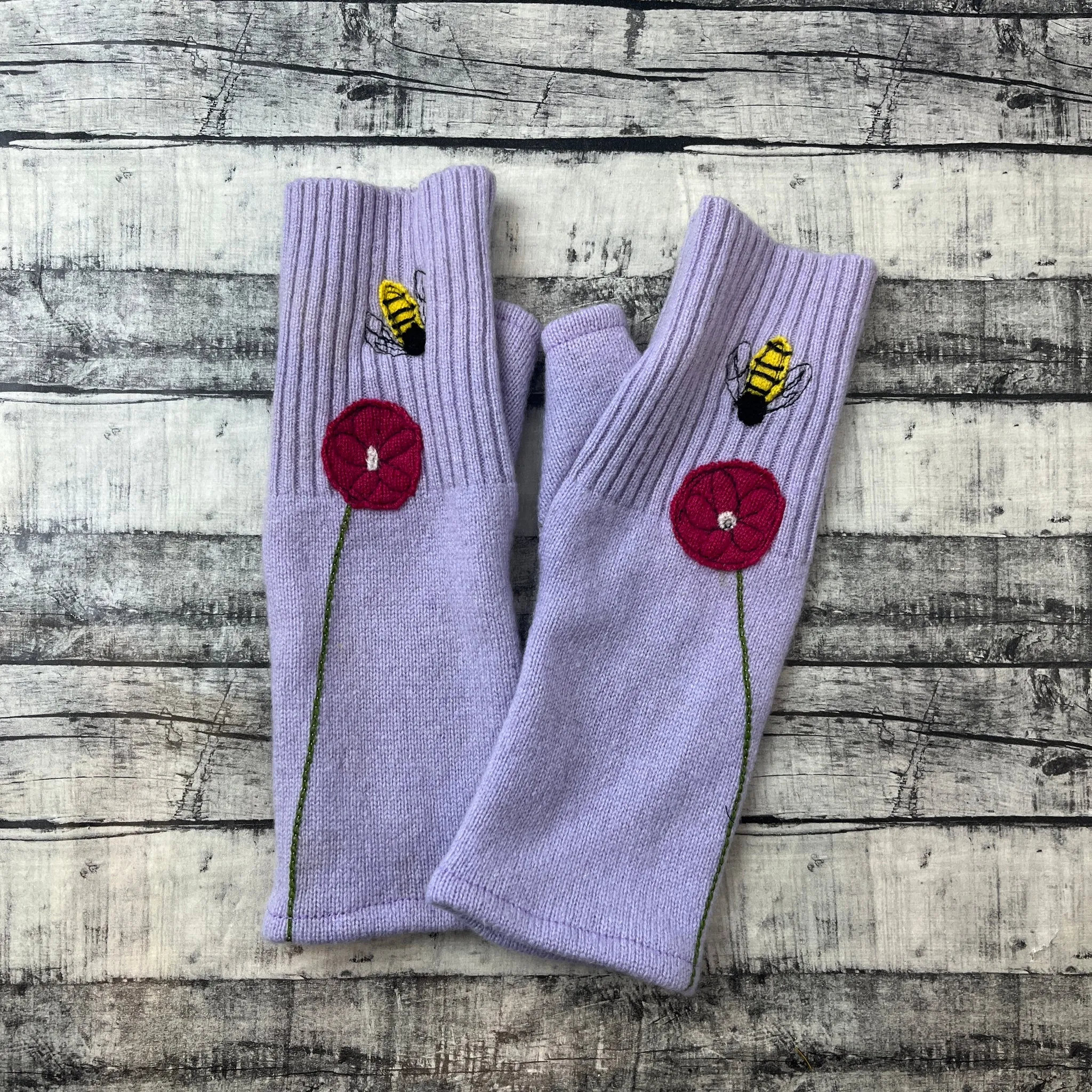 NEW! Cashmere Fingerless Gloves with Bee and Flower by Sardine Clothing Co.