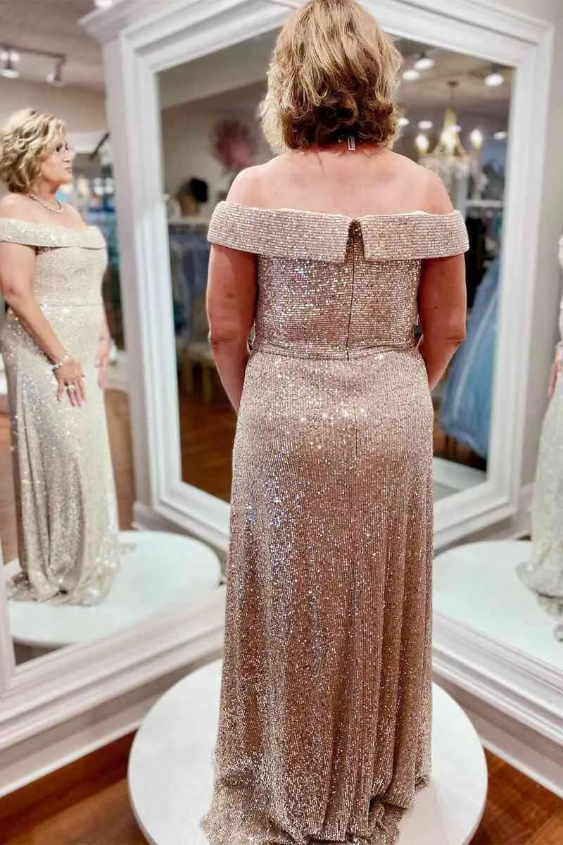 Off the Shoulder Rose Gold Sequins Mother of Bride Dress