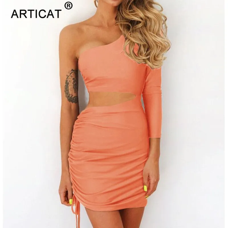 One Shoulder Hollow Out Pleated Bandage Bodycon Mini Casual Party Autumn Summer Dress