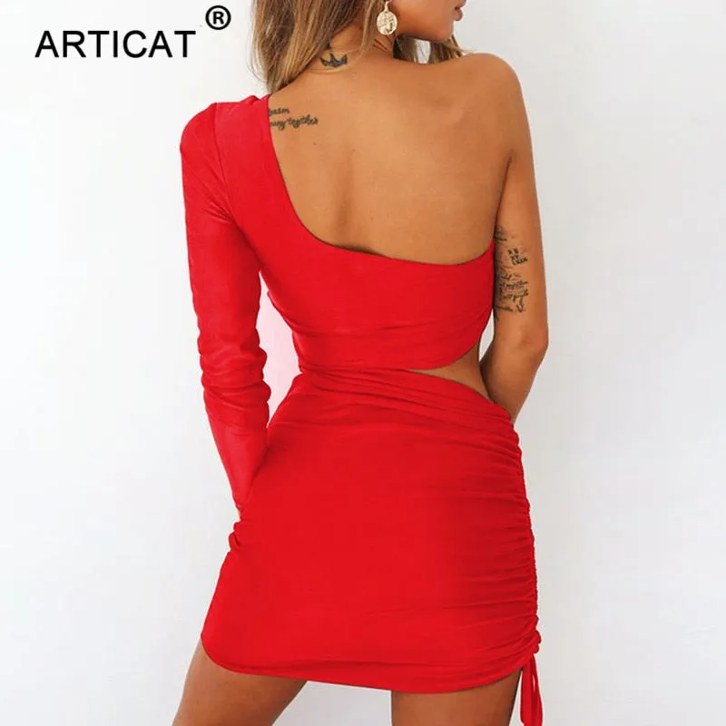 One Shoulder Hollow Out Pleated Bandage Bodycon Mini Casual Party Autumn Summer Dress