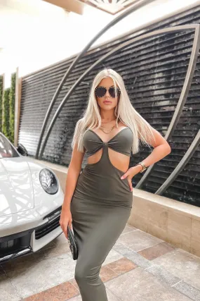 Over It Khaki Slinky Bodycon Strappy Cut Out Maxi Dress