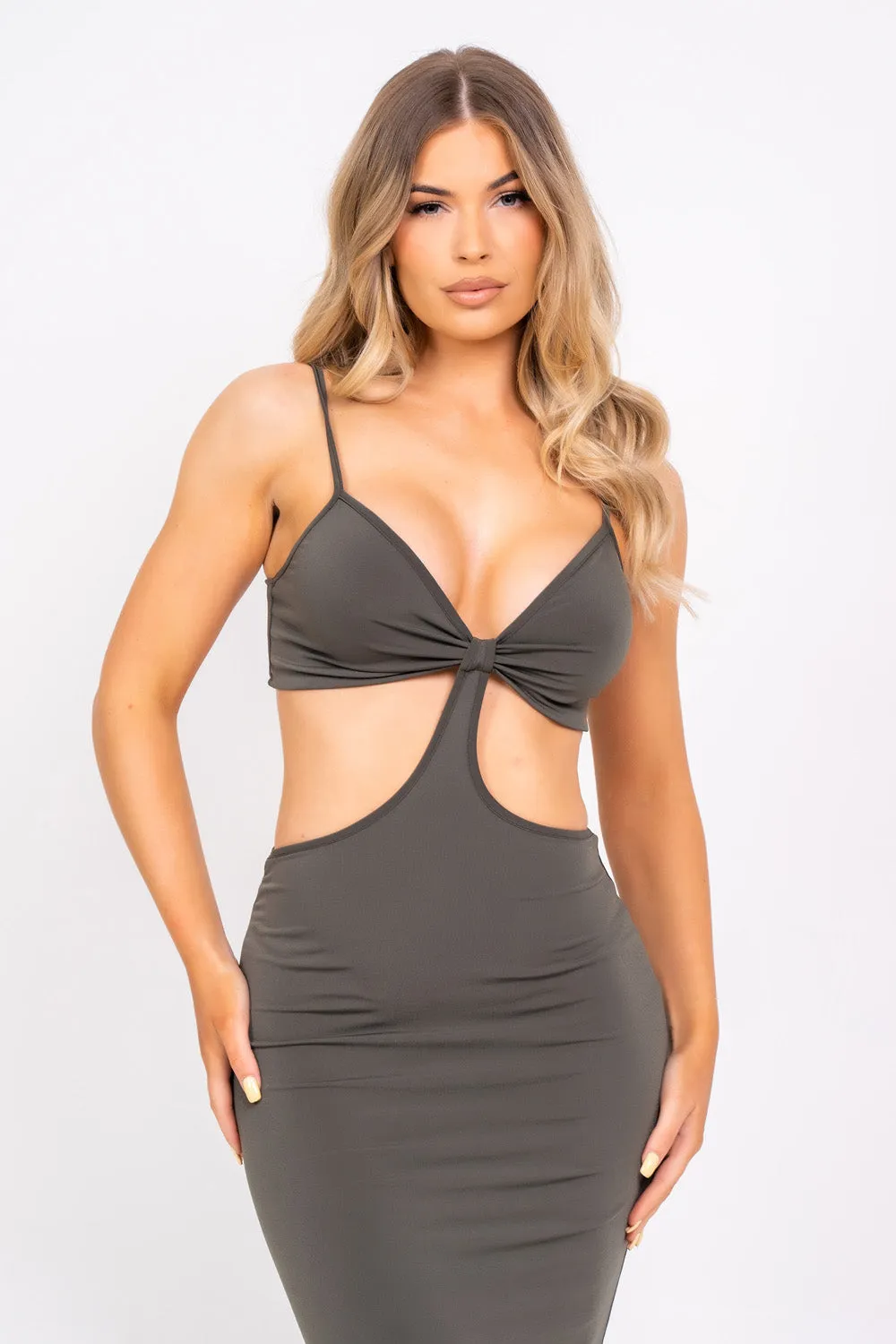 Over It Khaki Slinky Bodycon Strappy Cut Out Maxi Dress