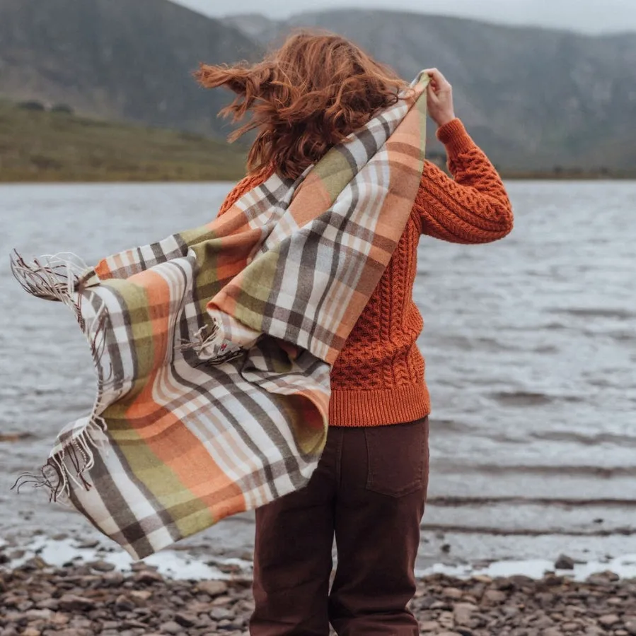 Oversized Merino Scarf White Orange Green Plaid