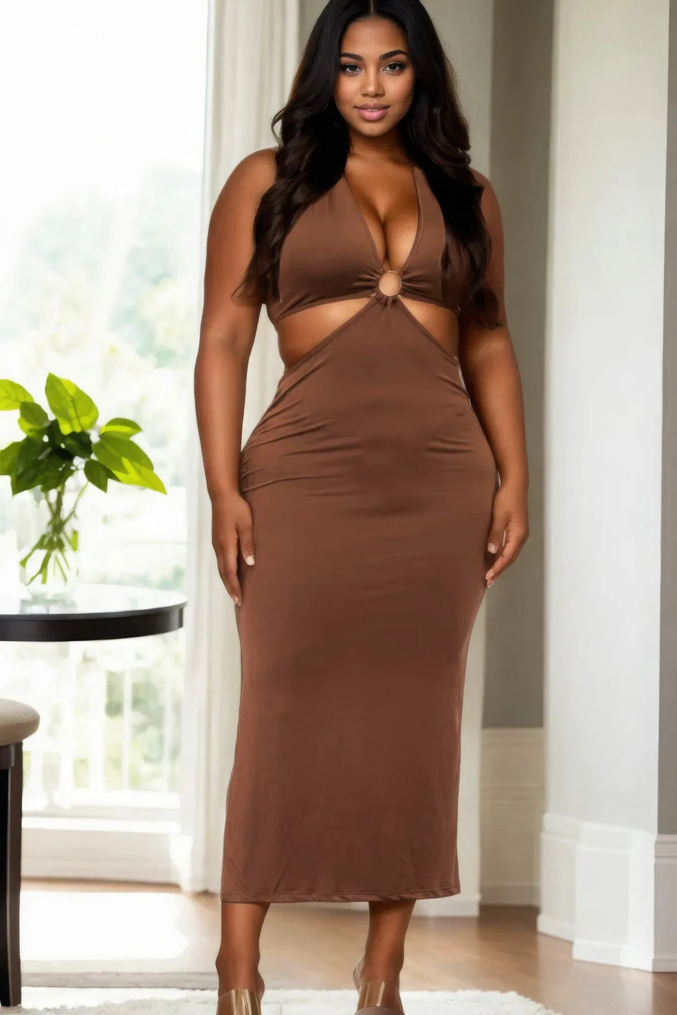 Plus Size Halter Neck Tie Split Thigh Midi Dress