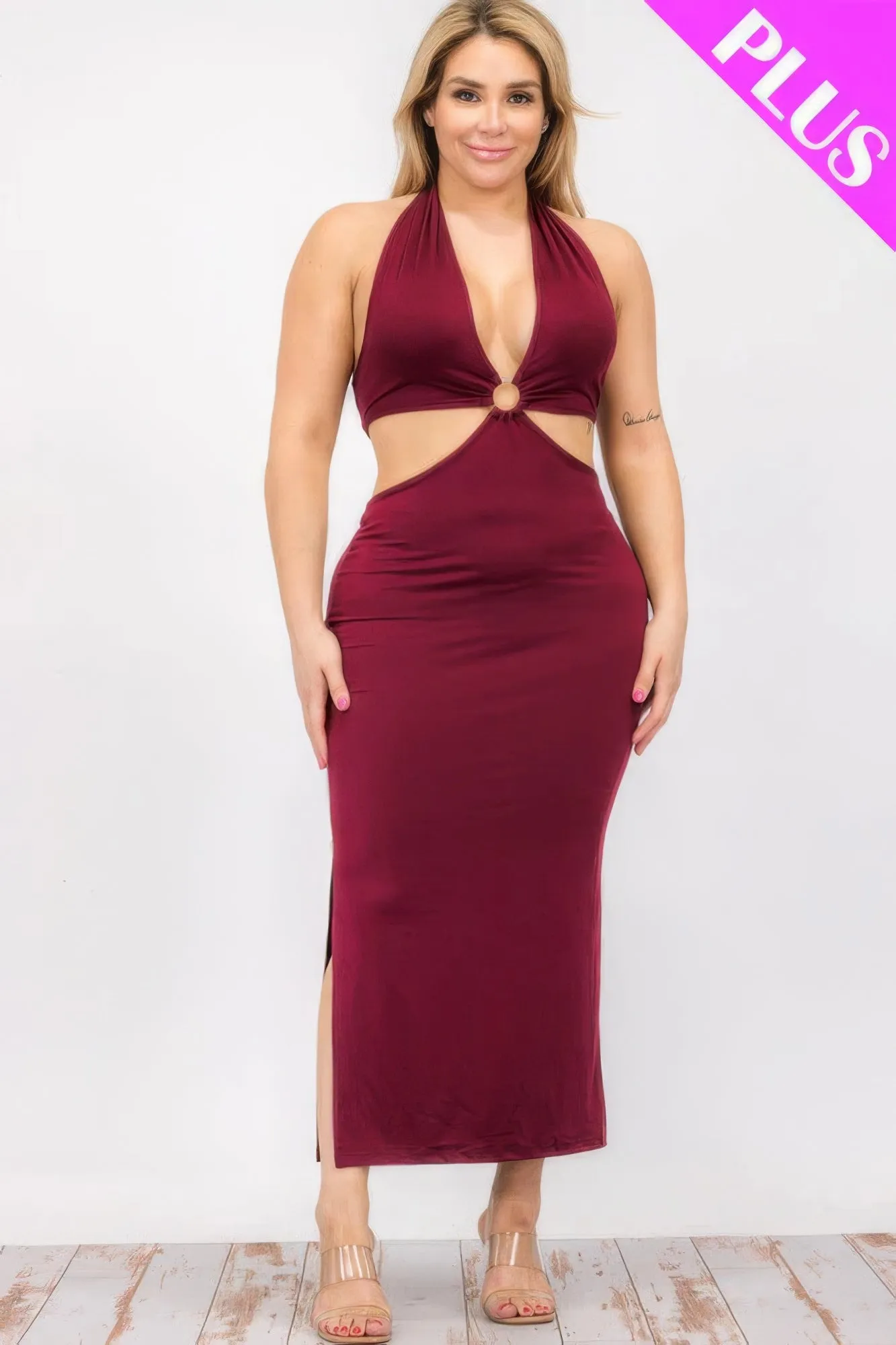 Plus Size Halter Neck Tie Split Thigh Midi Dress