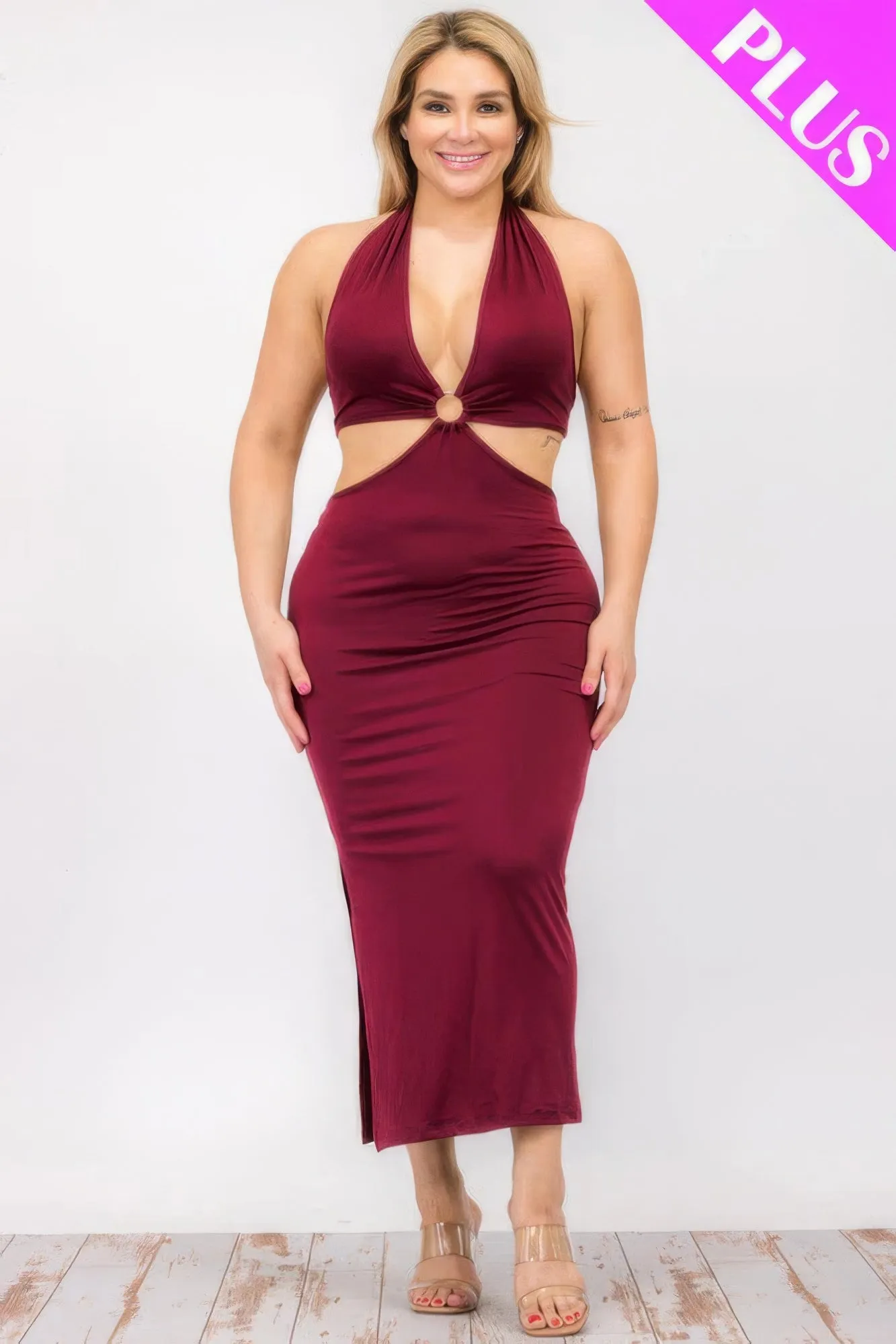 Plus Size Halter Neck Tie Split Thigh Midi Dress