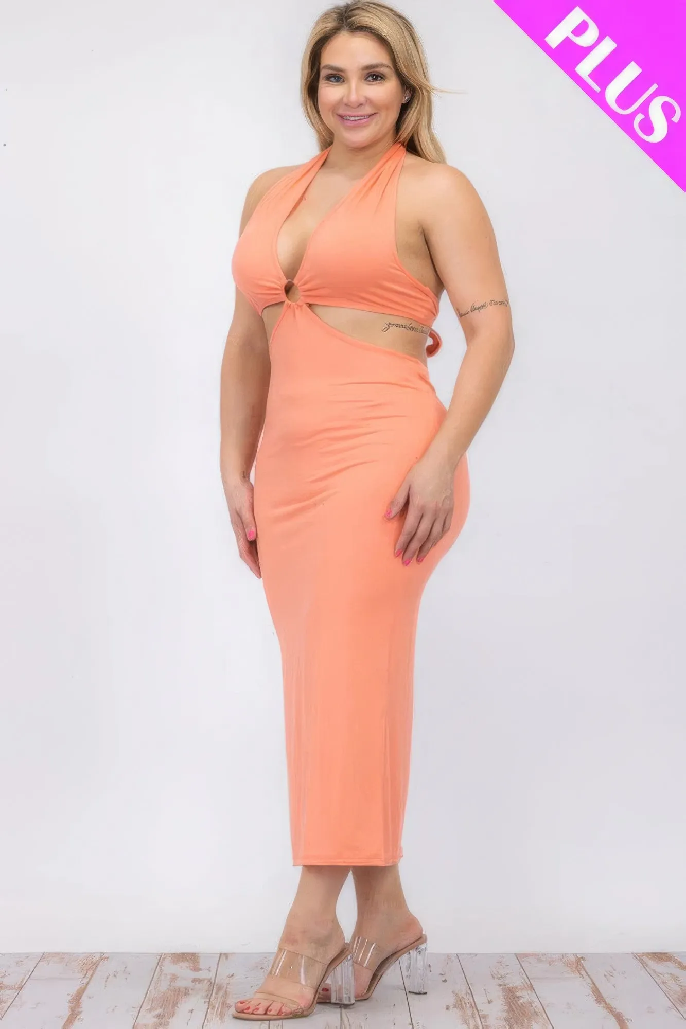 Plus Size Halter Neck Tie Split Thigh Midi Dress