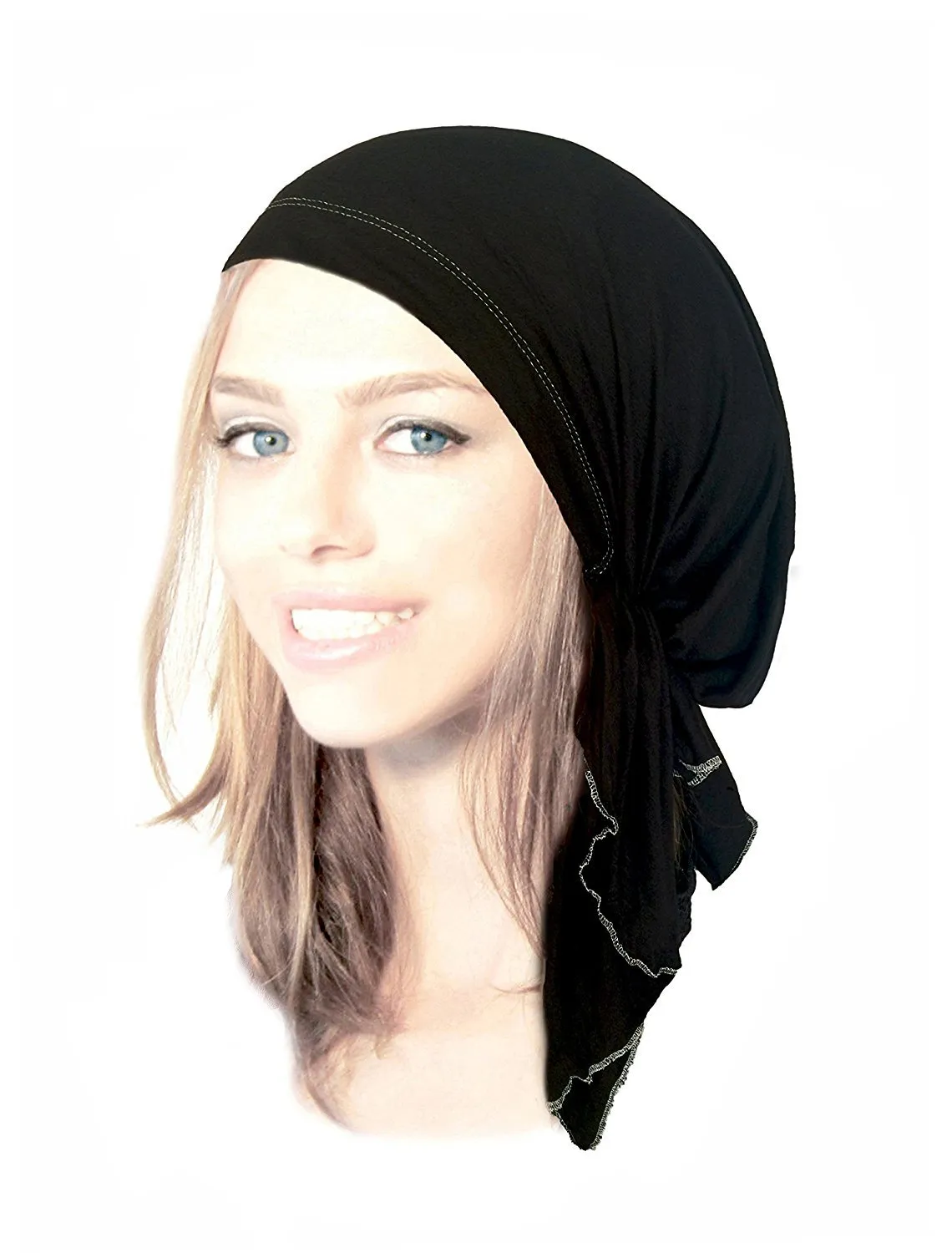 Pre-tied Head-scarf Tichel Cotton Boho Chic ShariRose Decorative Over-Lock Collection (Black silver short - 273)