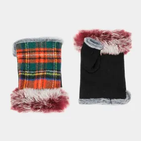 Red Coral Plaid Fingerless Fur Gloves