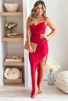 Red Ruched Side Maxi Dress With Slit