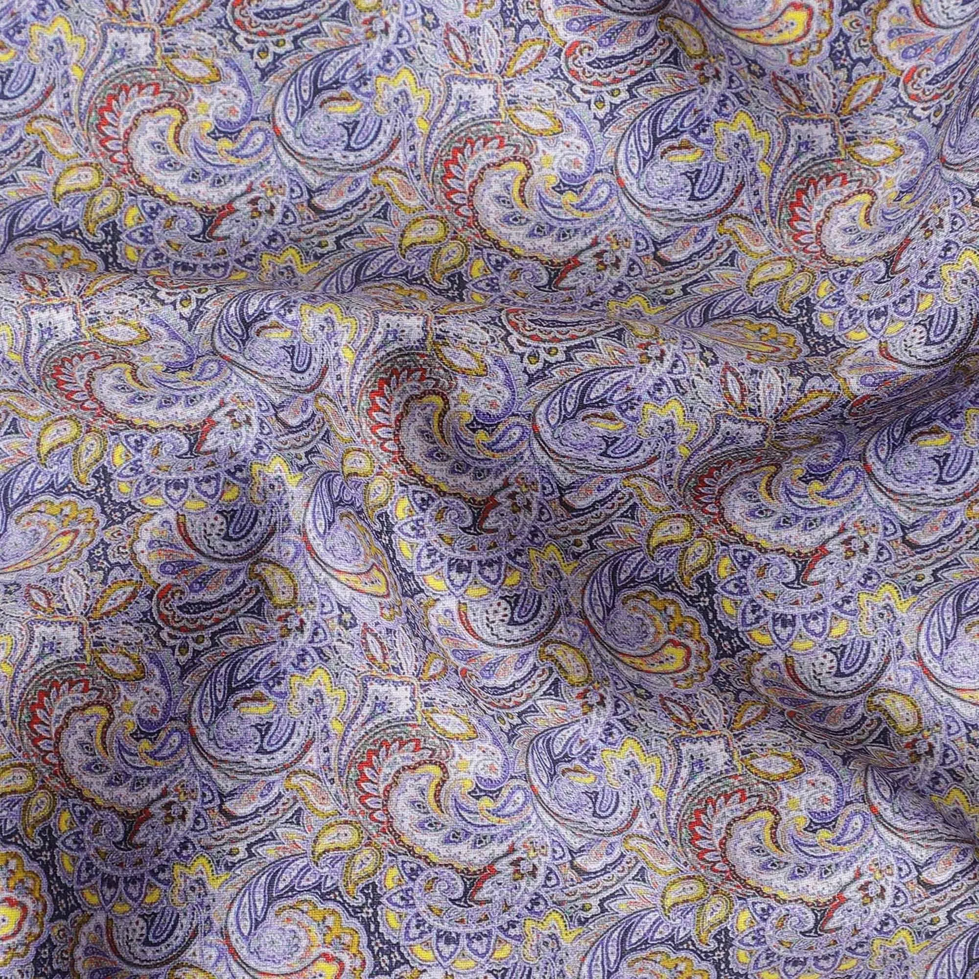 Royal blue cotton satin fabric with mustard yellow, scarlet red and lavender print in Paisley design-D11925