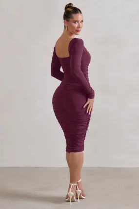 Seductress | Burgundy Square Neck Bodycon Midi Dress With Long Sleeves