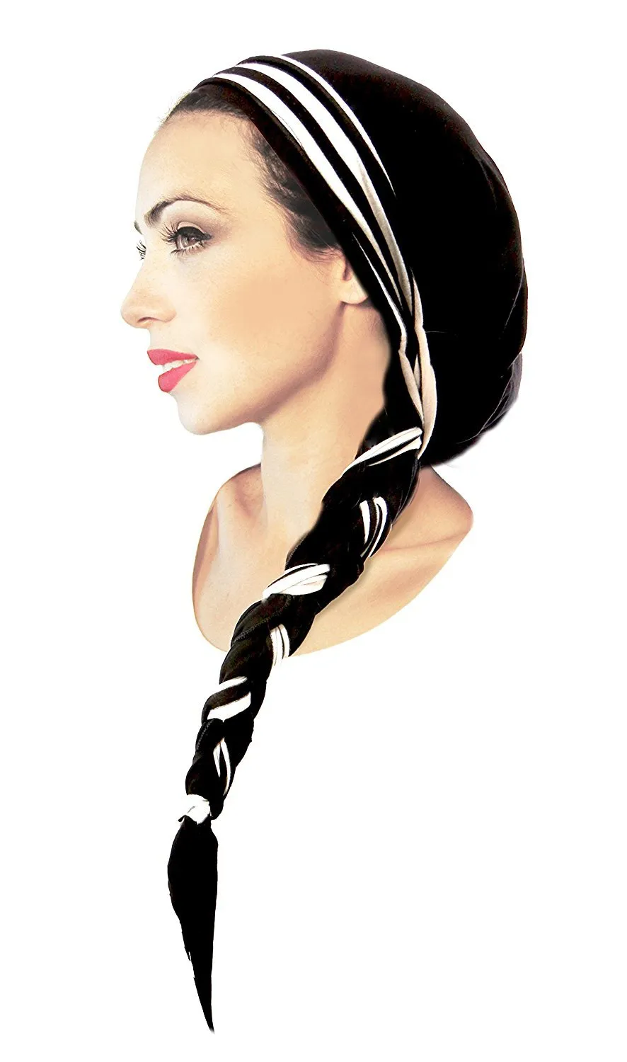 ShariRose Pre Tied Bandana Head Scarf Tichel Lightweight Long Cotton Stripe Wrap (Black w/ stripe - 329)