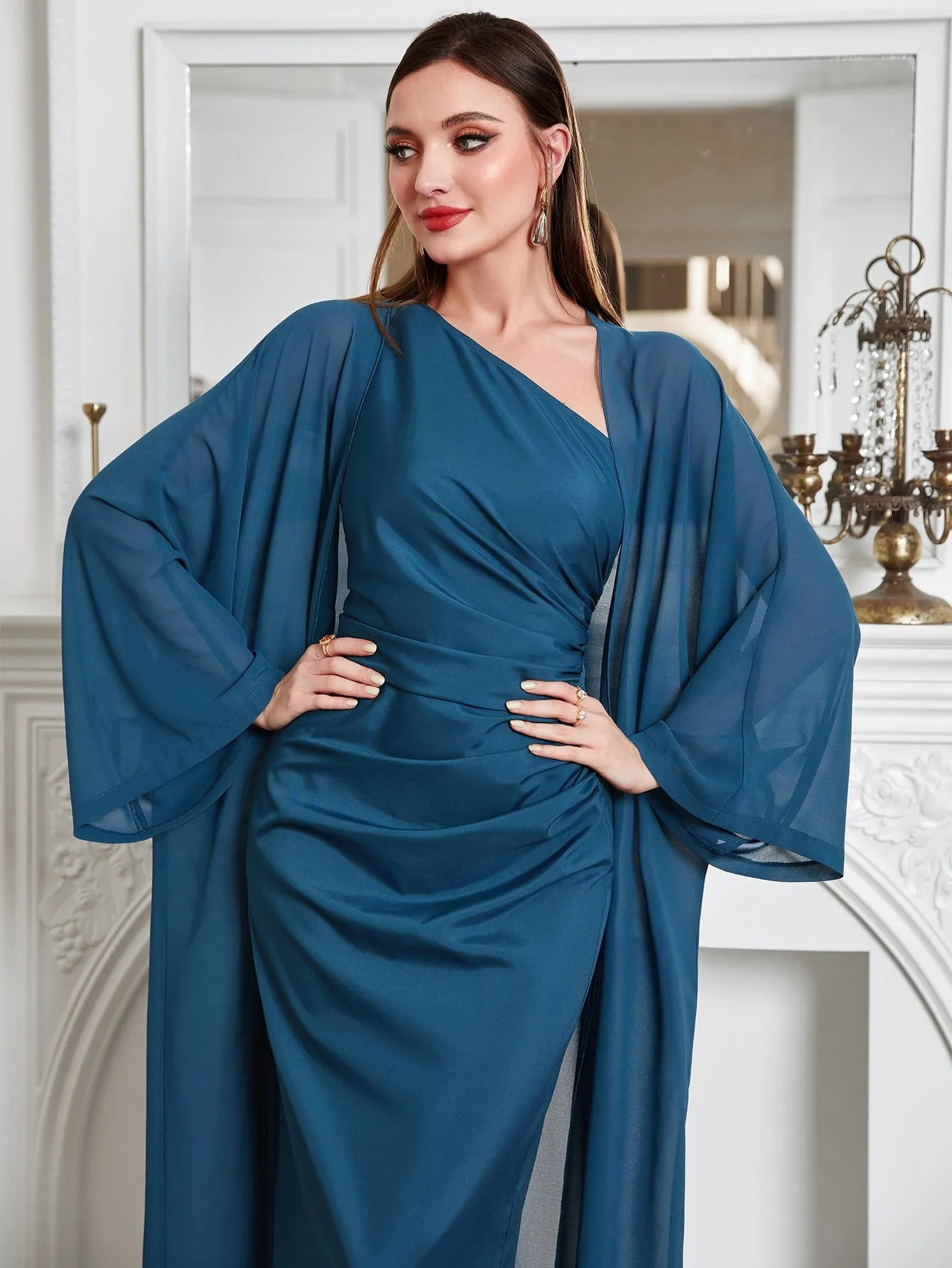 SHEIN Modely Batwing Sleeve Coat & One Shoulder Ruched Dress