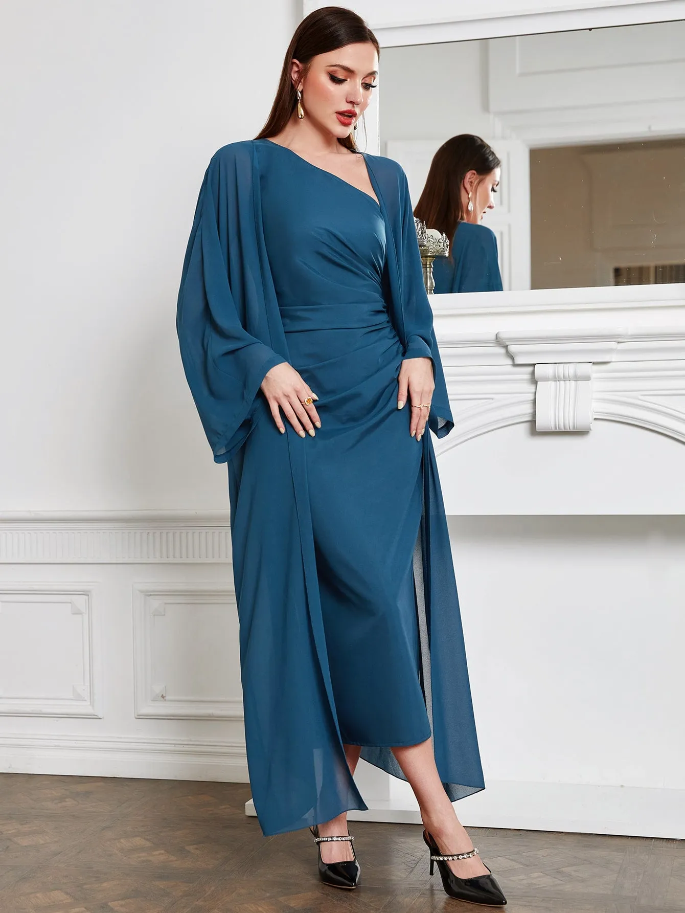 SHEIN Modely Batwing Sleeve Coat & One Shoulder Ruched Dress