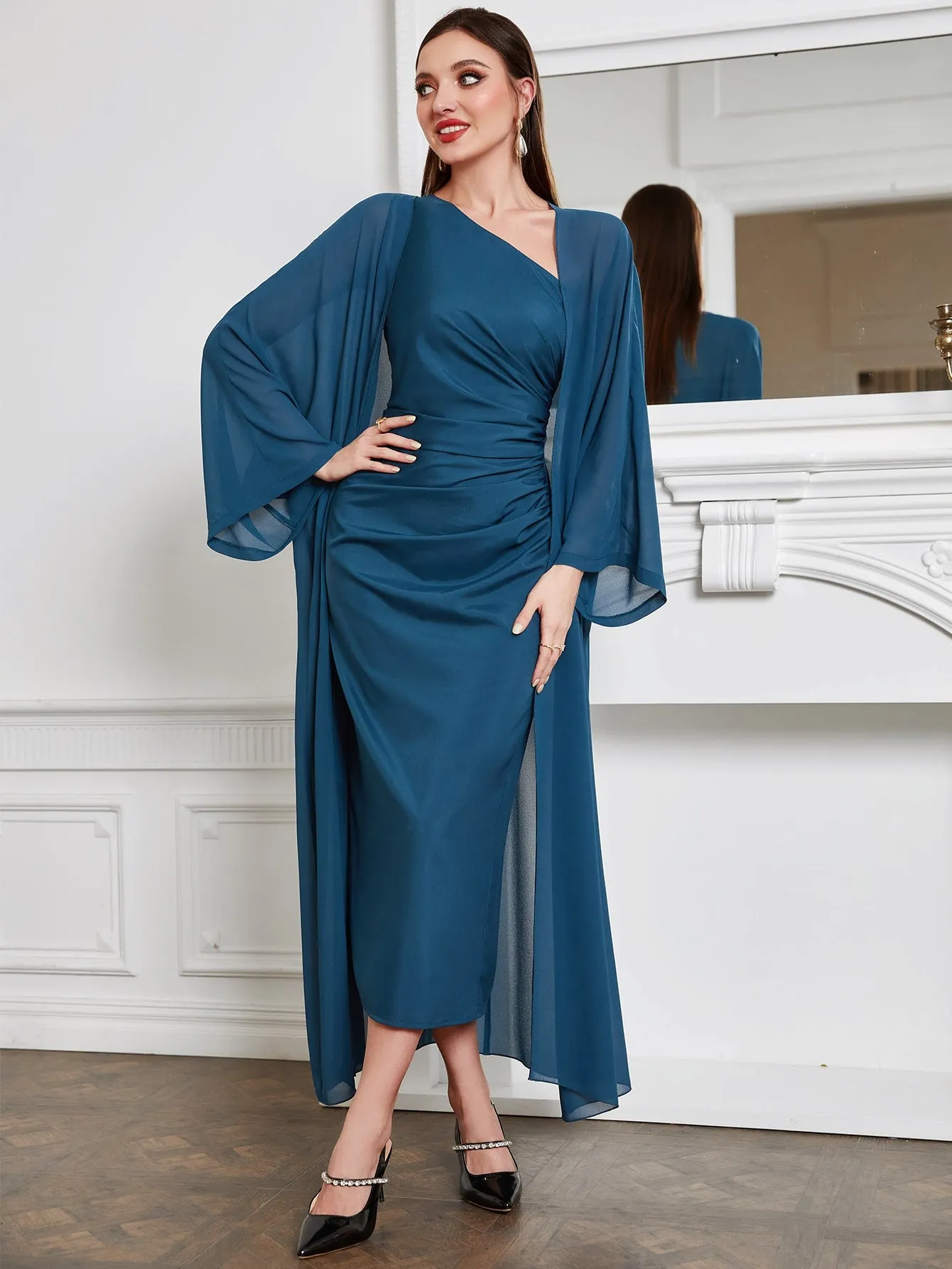 SHEIN Modely Batwing Sleeve Coat & One Shoulder Ruched Dress